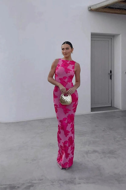 Amara | Women’s Embroidered Racer-Neck Maxi Dress
