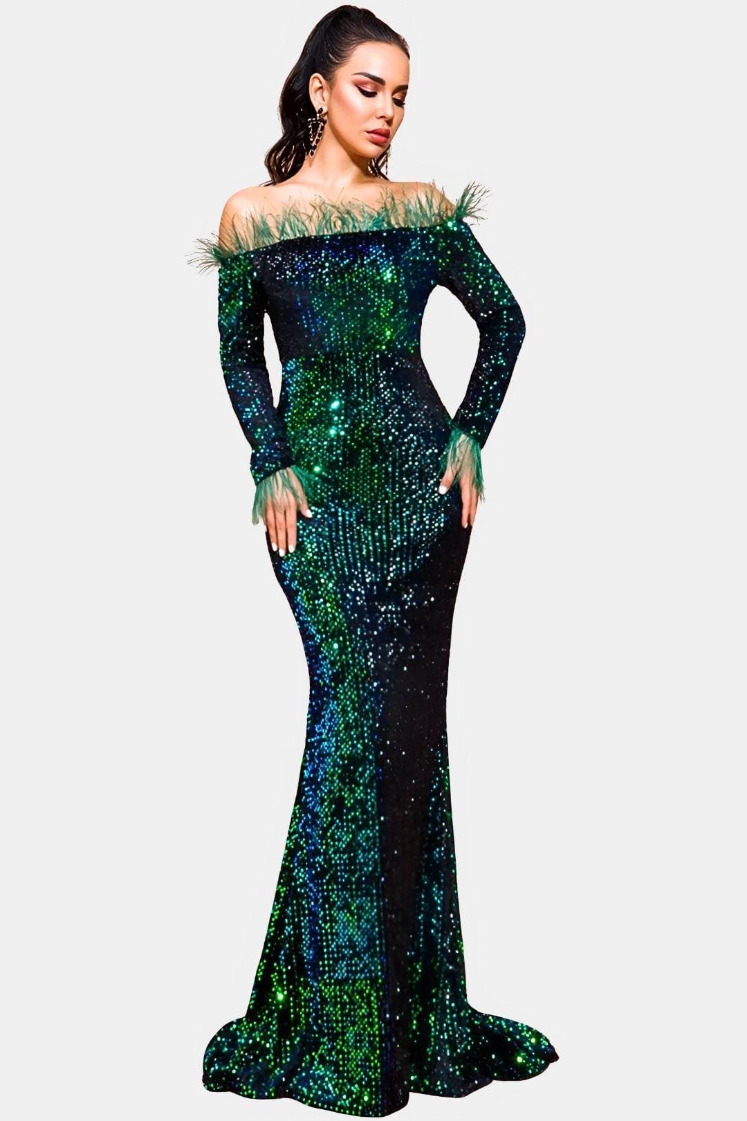 Valerienne | Off-Shoulder Feather Sequin Mermaid Evening Dress
