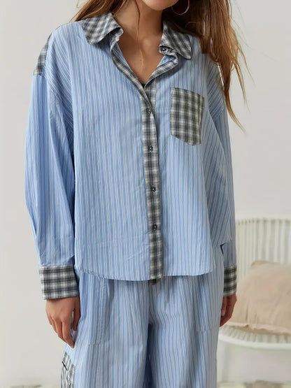Brennar | Unisex Striped Plaid Patchwork Pajama Set