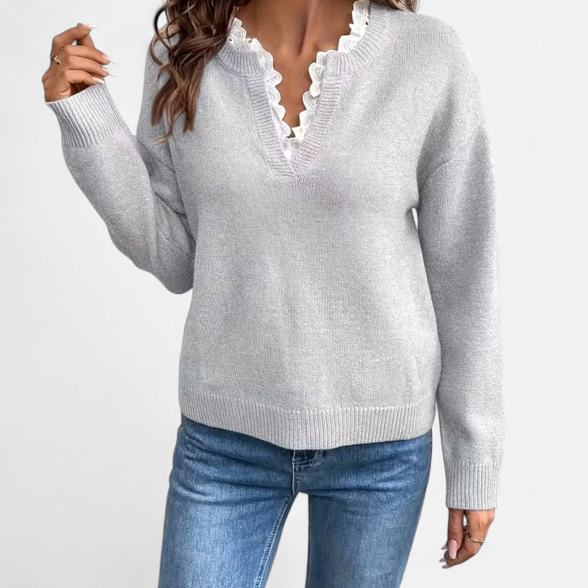 Quenara | Women’s Lace-Trim V-Neck Knit Sweater
