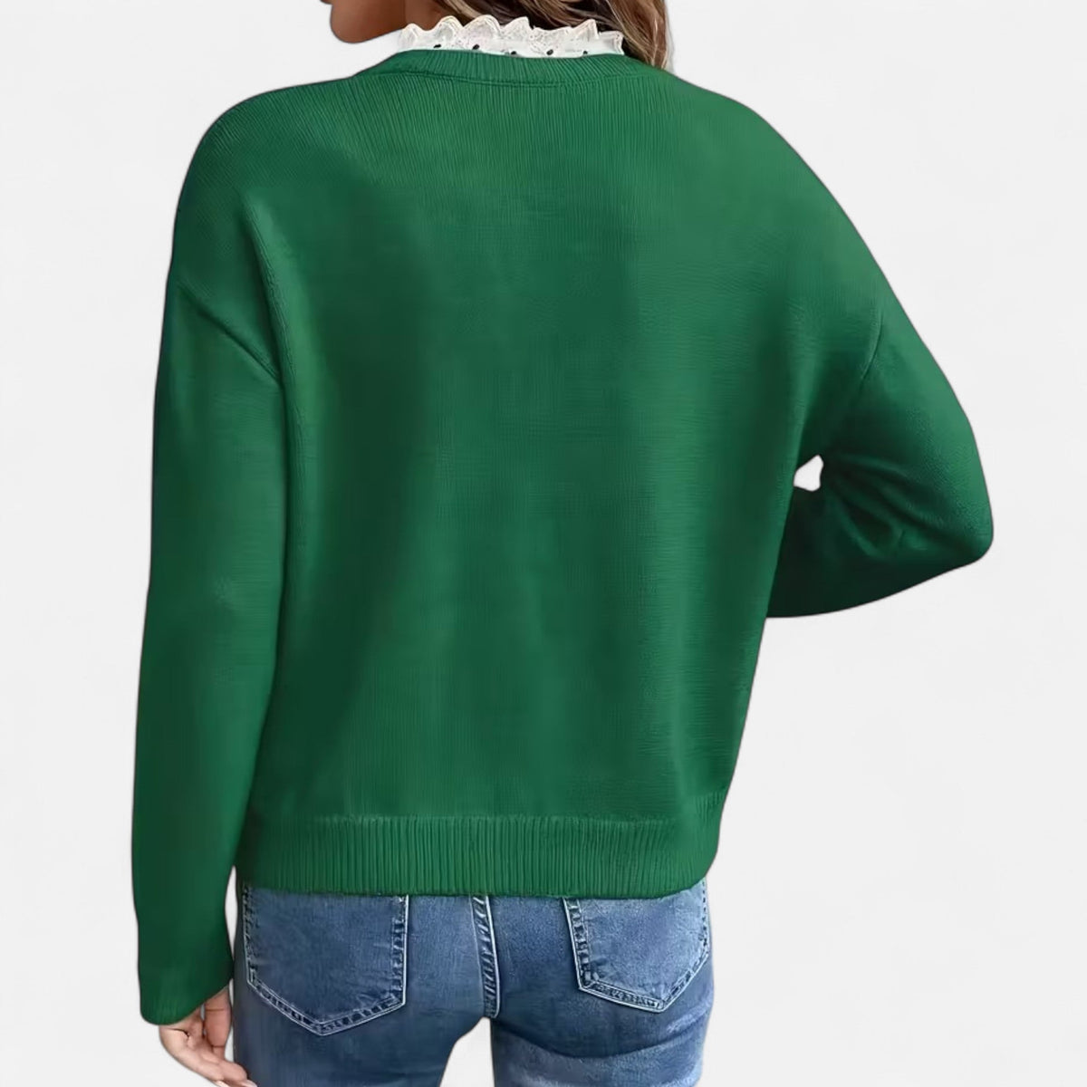 Quenara | Women’s Lace-Trim V-Neck Knit Sweater
